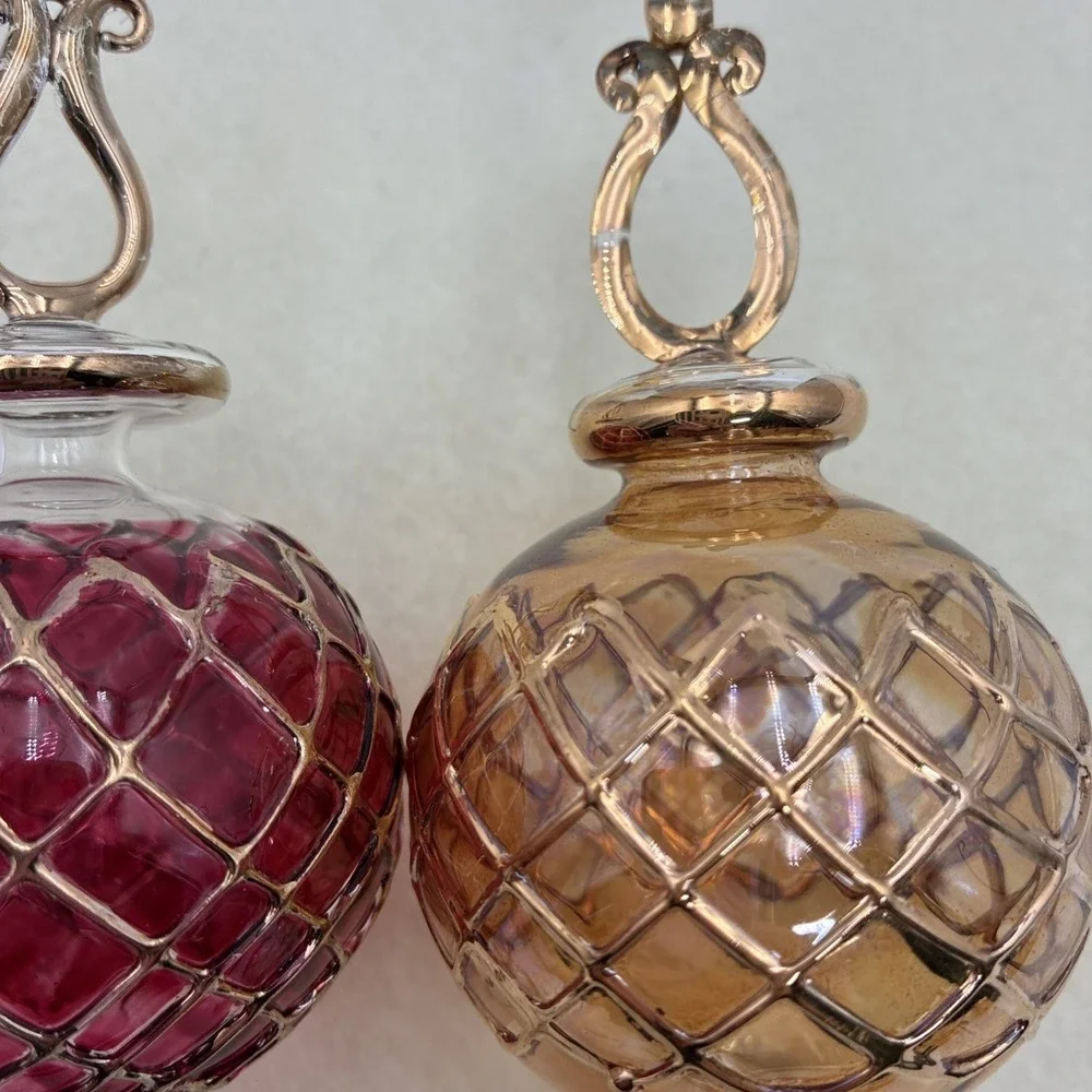 Vintage Hand Blown Glass Finial Christmas Ornaments Red Gold Lattice Set of 2